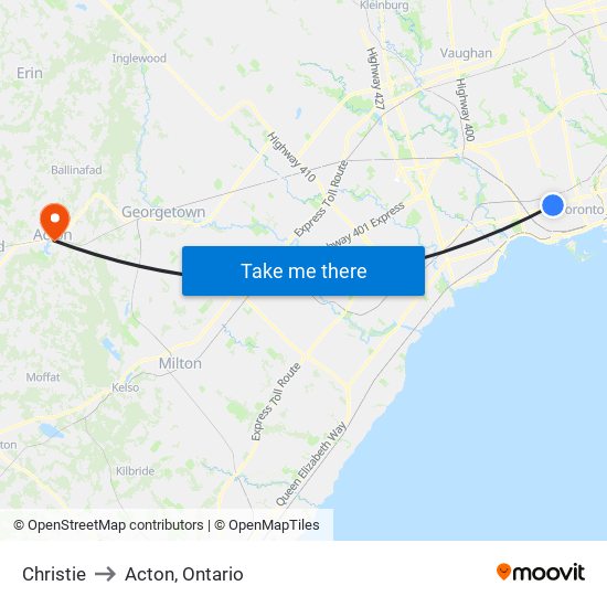 Christie to Acton, Ontario map