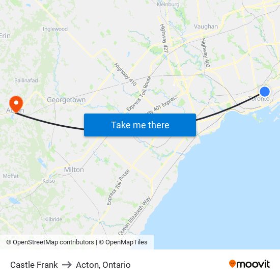 Castle Frank to Acton, Ontario map