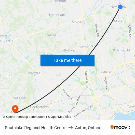 Southlake Regional Health Centre to Acton, Ontario map