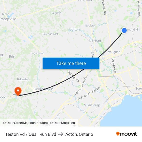 Teston Rd / Quail Run Blvd to Acton, Ontario map