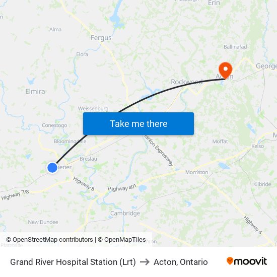 Grand River Hospital Station (Lrt) to Acton, Ontario map
