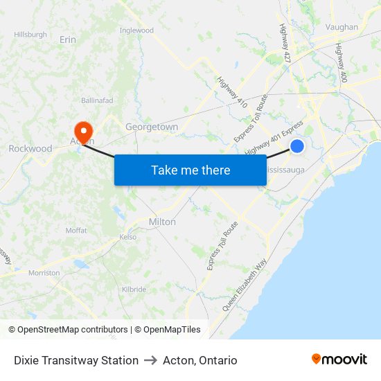 Dixie Transitway Station to Acton, Ontario map