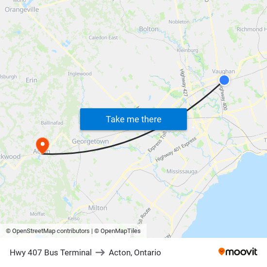 Hwy 407 Bus Terminal to Acton, Ontario map