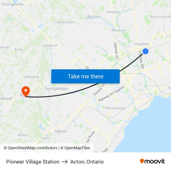 Pioneer Village Station to Acton, Ontario map