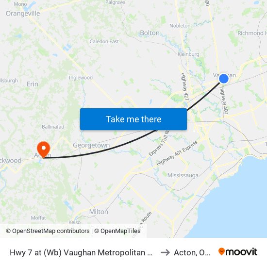 Hwy 7 at (Wb) Vaughan Metropolitan Centre Station to Acton, Ontario map