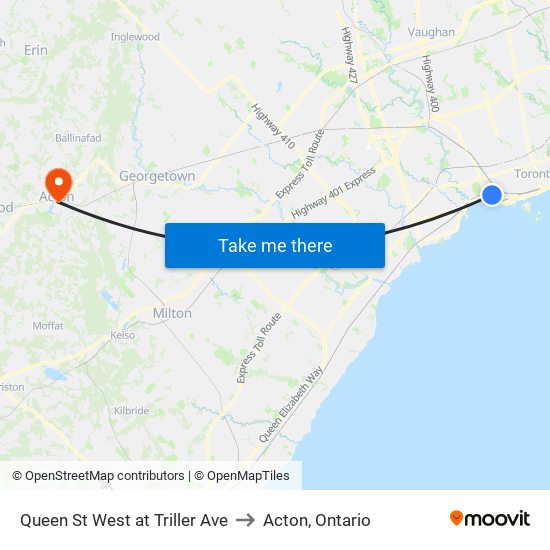 Queen St West at Triller Ave to Acton, Ontario map