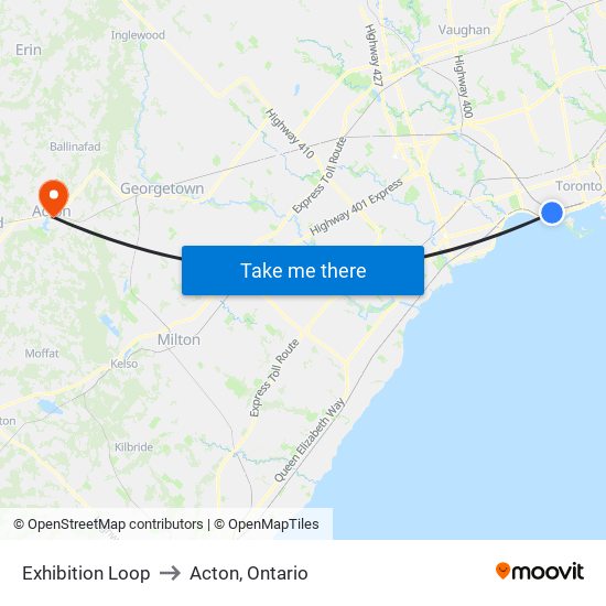 Exhibition Loop to Acton, Ontario map
