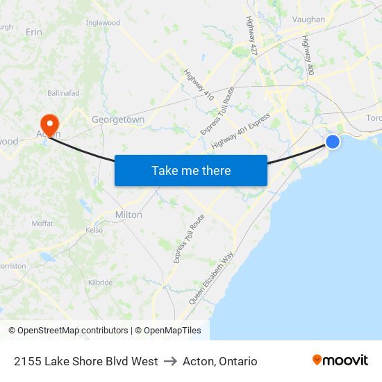 2155 Lake Shore Blvd West to Acton, Ontario map