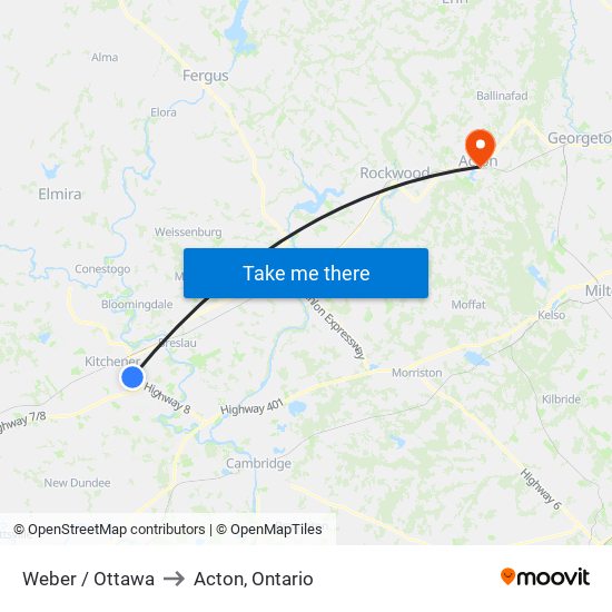 Weber / Ottawa to Acton, Ontario map