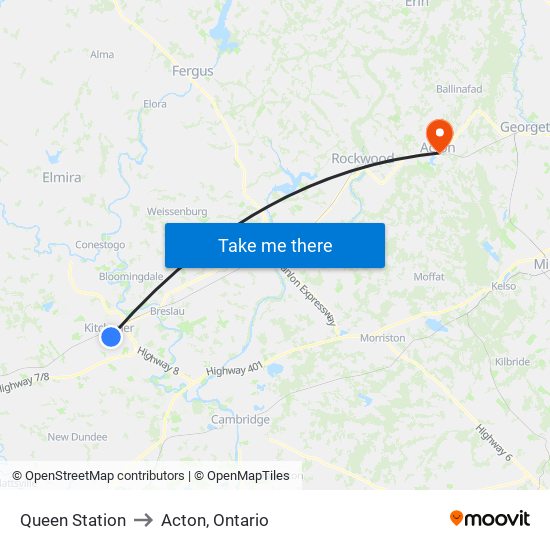 Queen Station to Acton, Ontario map