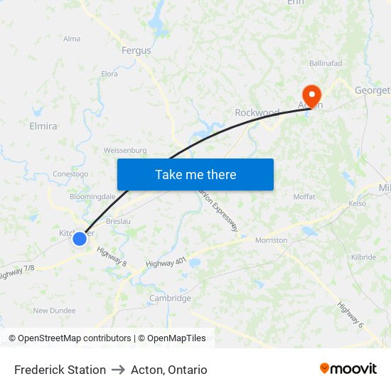 Frederick Station to Acton, Ontario map