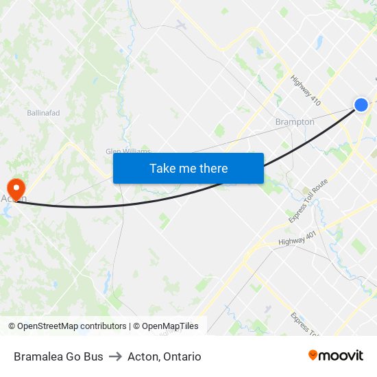 Bramalea Go Bus to Acton, Ontario map
