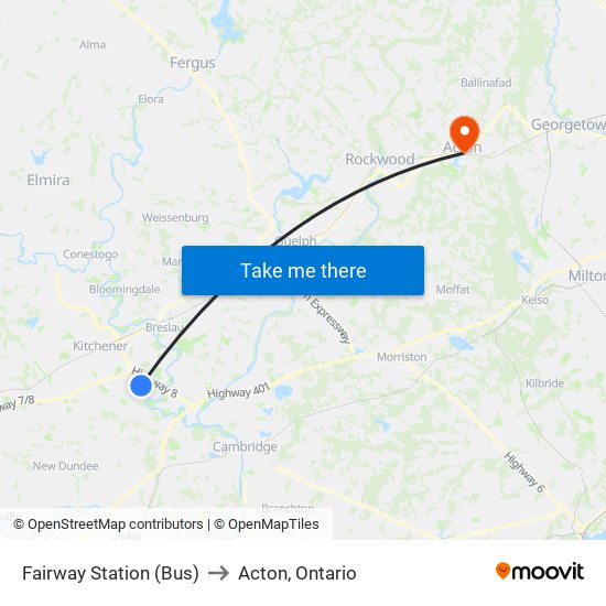 Fairway Station (Bus) to Acton, Ontario map