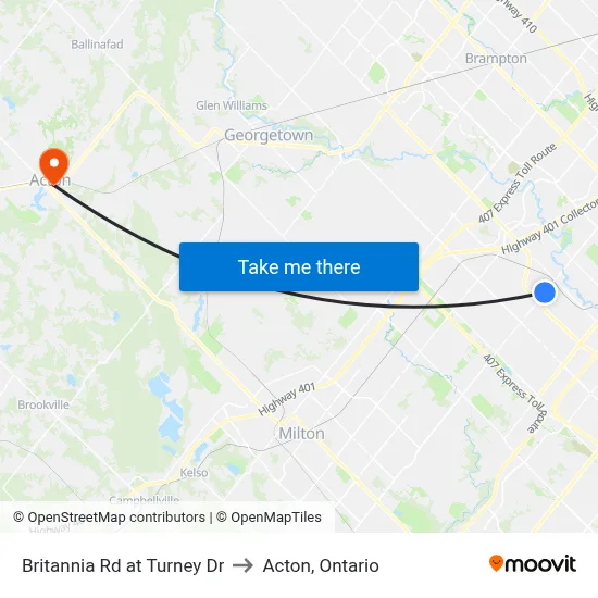 Britannia Rd at Turney Dr to Acton, Ontario map