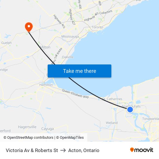 Victoria Av & Roberts St to Acton, Ontario map