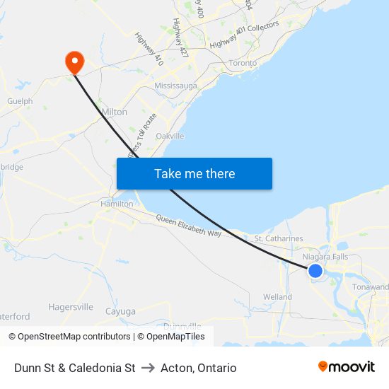 Dunn St & Caledonia St to Acton, Ontario map