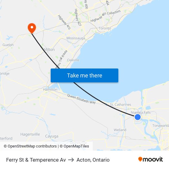 Ferry St & Temperence Av to Acton, Ontario map