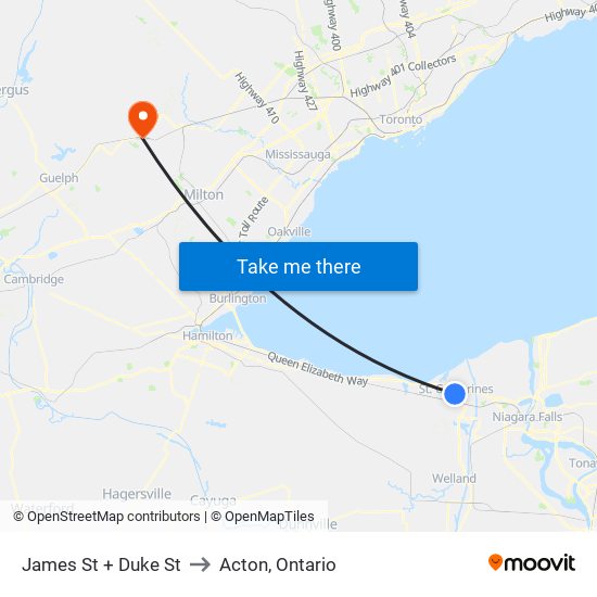 James St + Duke St to Acton, Ontario map