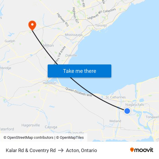 Kalar Rd & Coventry Rd to Acton, Ontario map
