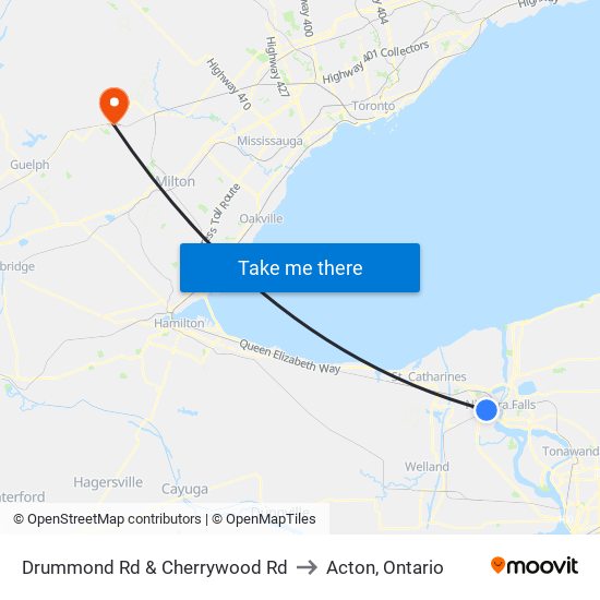 Drummond Rd & Cherrywood Rd to Acton, Ontario map