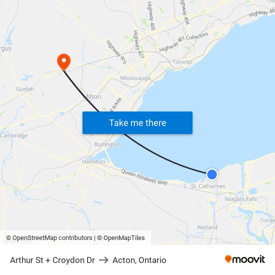 Arthur St + Croydon Dr to Acton, Ontario map