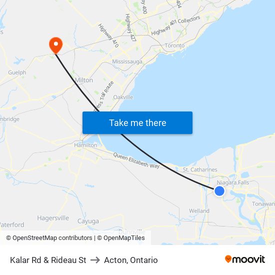 Kalar Rd & Rideau St to Acton, Ontario map