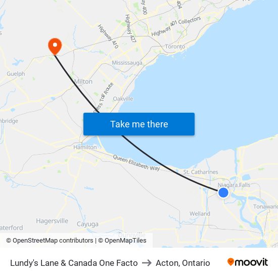 Lundy's Lane & Canada One Facto to Acton, Ontario map