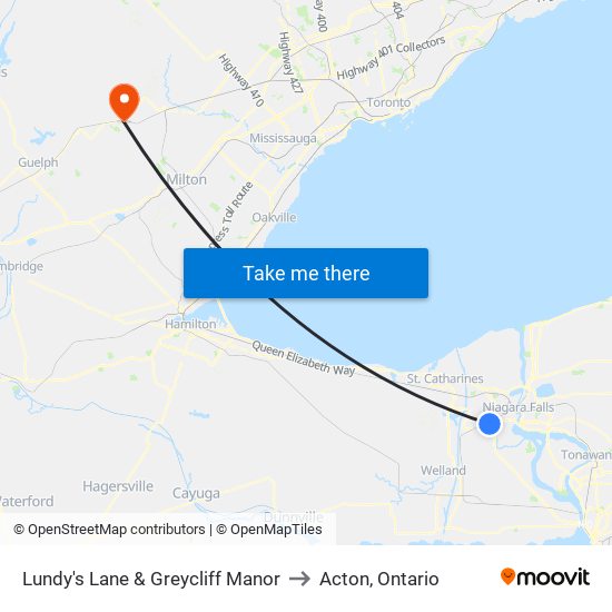 Lundy's Lane & Greycliff Manor to Acton, Ontario map