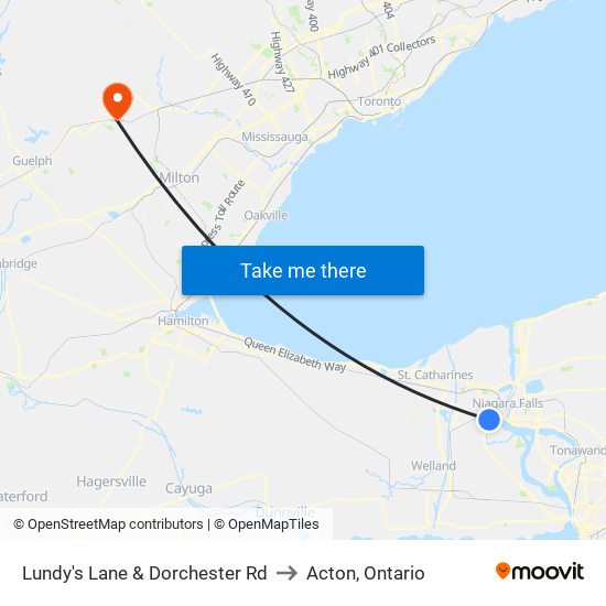 Lundy's Lane & Dorchester Rd to Acton, Ontario map