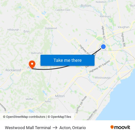 Westwood Mall Terminal to Acton, Ontario map