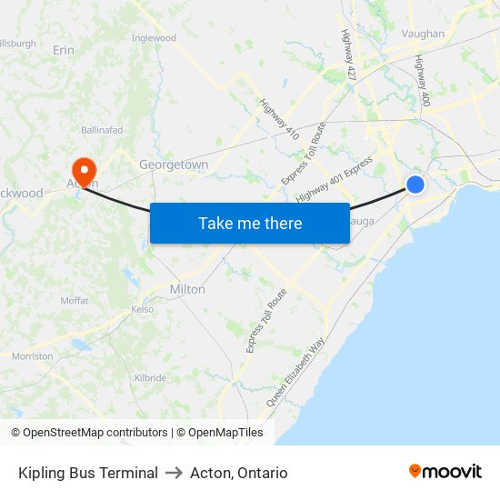 Kipling Bus Terminal to Acton, Ontario map