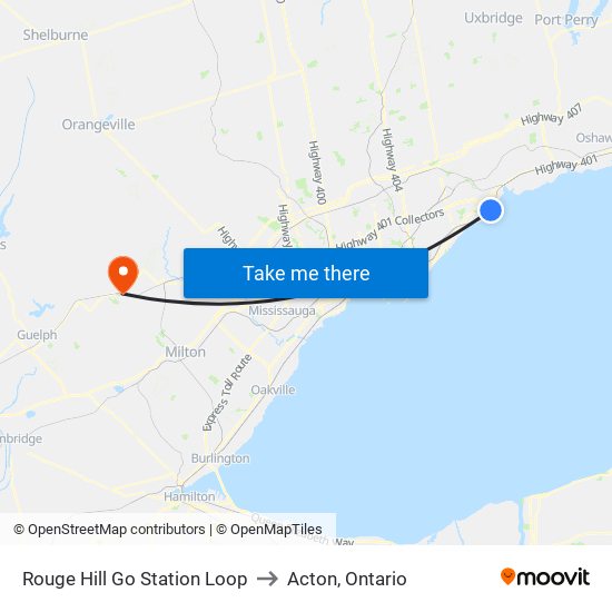 Rouge Hill Go Station Loop to Acton, Ontario map
