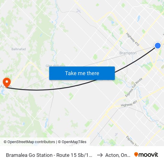 Bramalea Go Station - Route 15 Sb/115 Sb Stop to Acton, Ontario map