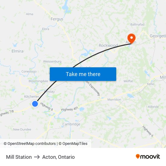 Mill Station to Acton, Ontario map