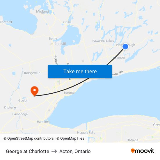 George at Charlotte to Acton, Ontario map