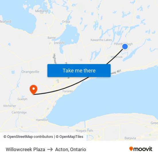 Willowcreek Plaza to Acton, Ontario map