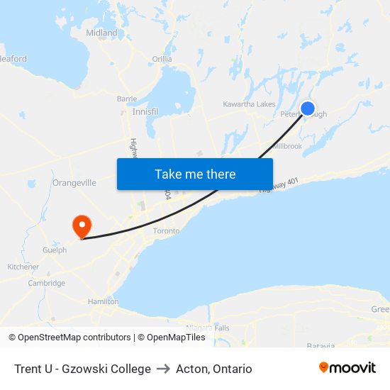 Trent U - Gzowski College to Acton, Ontario map