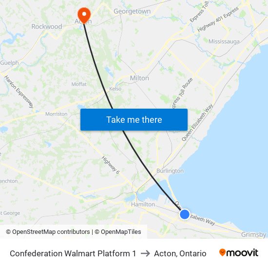 Confederation Walmart Platform 1 to Acton, Ontario map