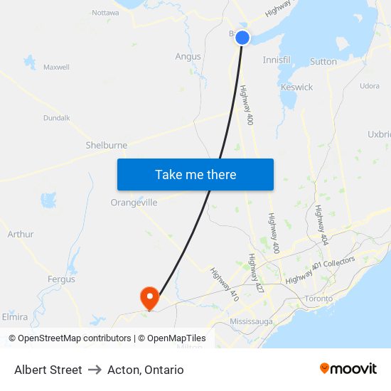 Albert Street to Acton, Ontario map