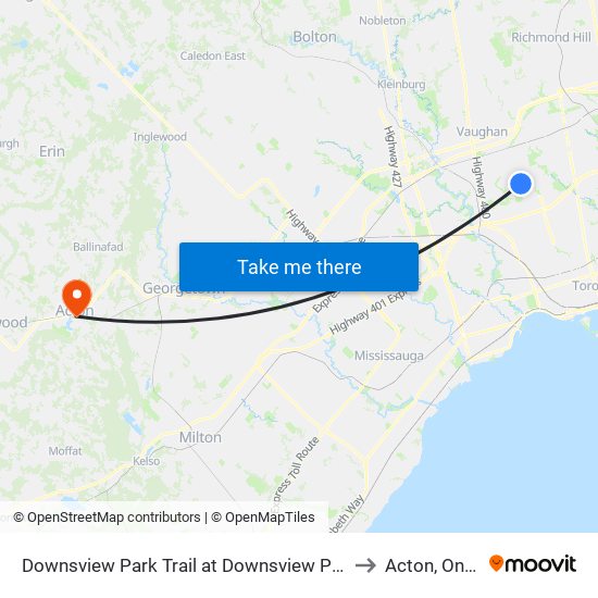 Downsview Park Trail at Downsview Park Station to Acton, Ontario map