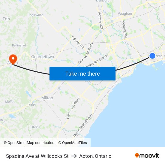 Spadina Ave at Willcocks St to Acton, Ontario map