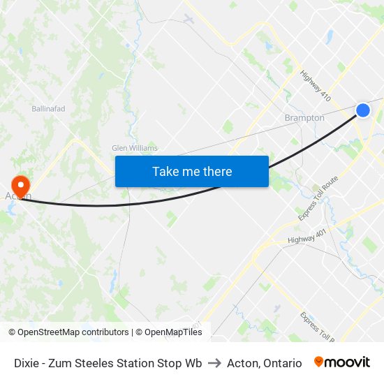 Dixie - Zum Steeles Station Stop Wb to Acton, Ontario map