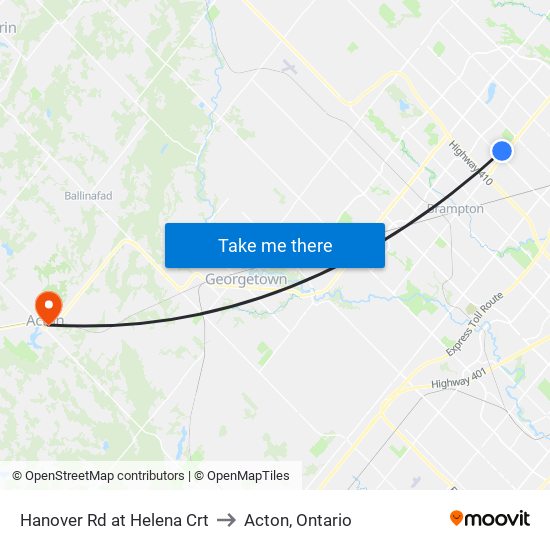 Hanover Rd at Helena Crt to Acton, Ontario map