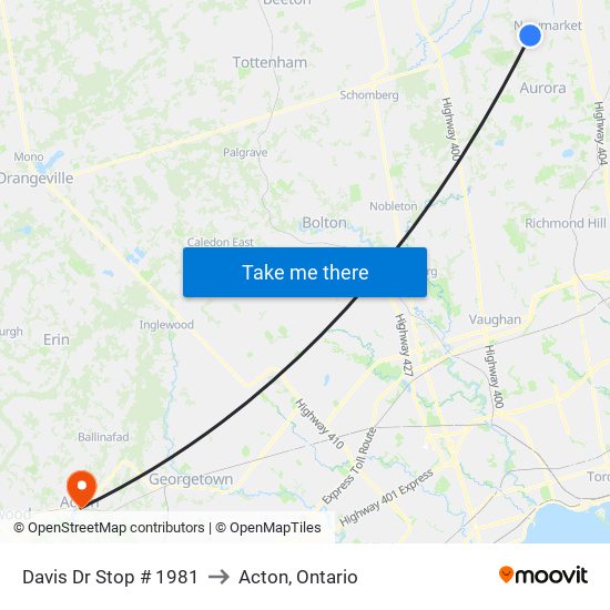 Davis Dr Stop # 1981 to Acton, Ontario map