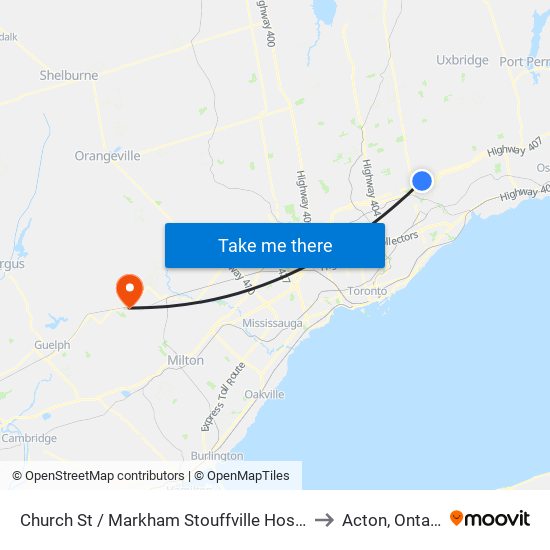 Church St / Markham Stouffville Hospital to Acton, Ontario map