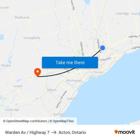 Warden Av / Highway 7 to Acton, Ontario map