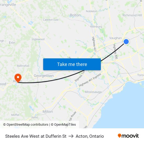 Steeles Ave West at Dufferin St to Acton, Ontario map