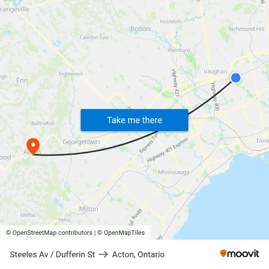 Steeles Av / Dufferin St to Acton, Ontario map