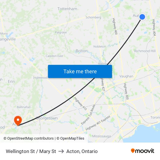 Wellington St / Mary St to Acton, Ontario map