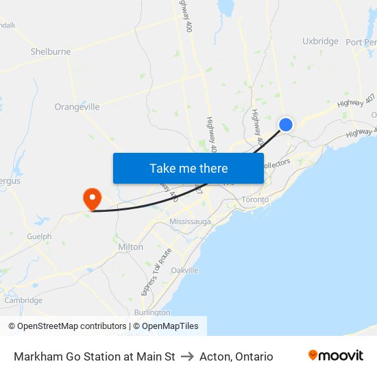 Markham Go Station at Main St to Acton, Ontario map